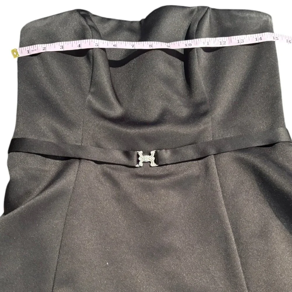 Michaelangelo black satin strapless belted tea length A-Line formal‎ dress sz 8